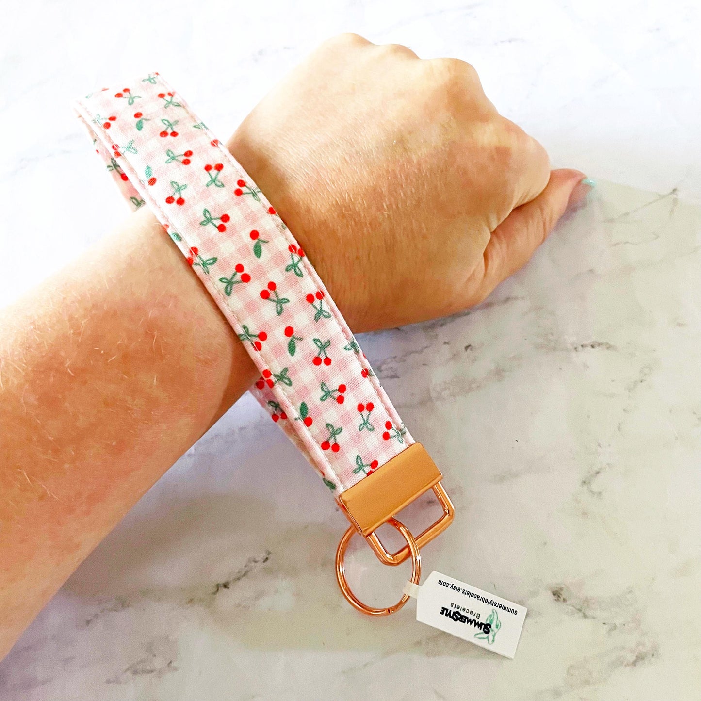 Charming Cherries Key Fob Wristlet, 6.5in Wristlet Lanyard, Keychain Wristlet, Handmade Lanyard, SummerStyle Bracelets