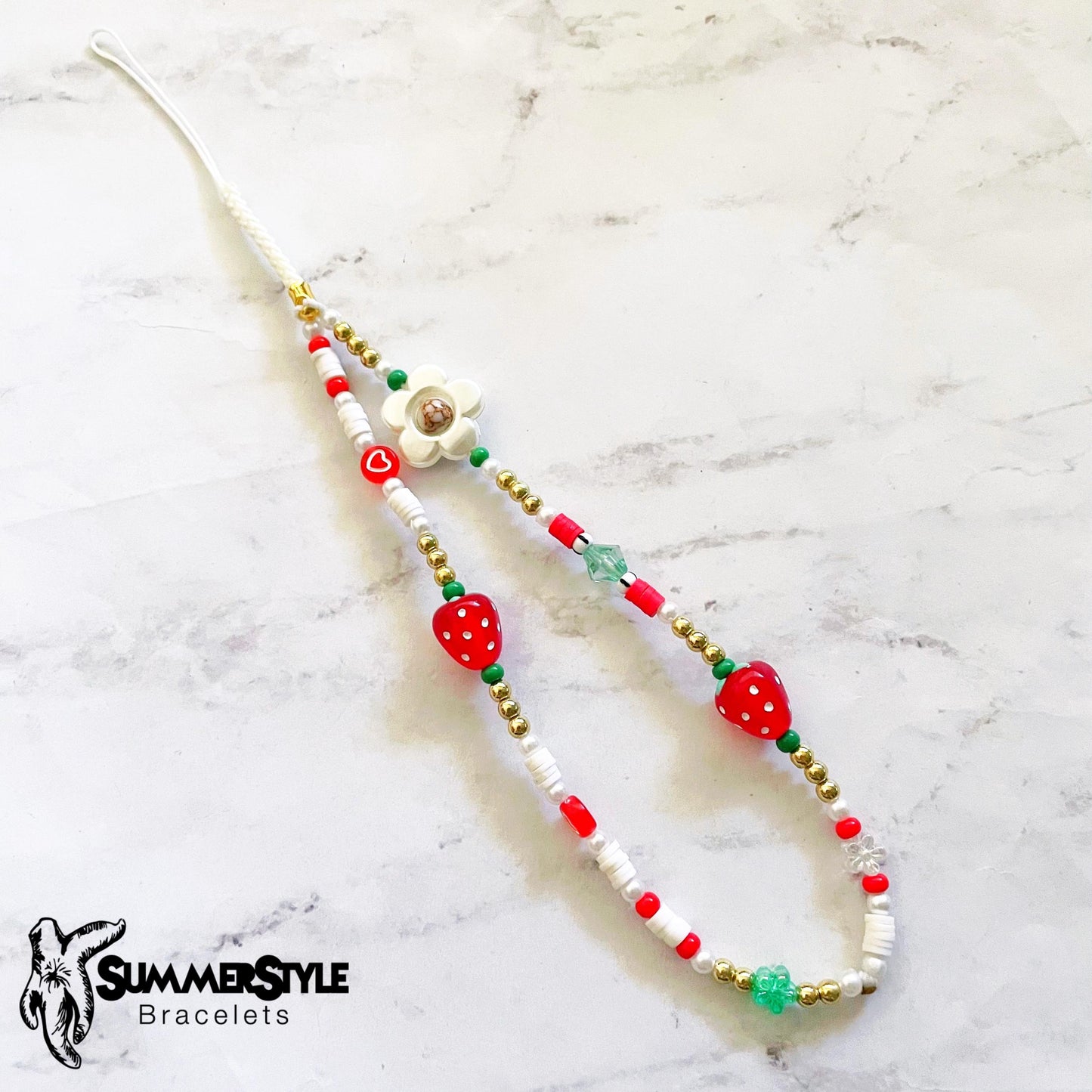 Strawberry Blossom Beaded Phone Charm, Strawberry Beaded Wristlet, Cottagecore Phone Accessory, SummerStyle Bracelets