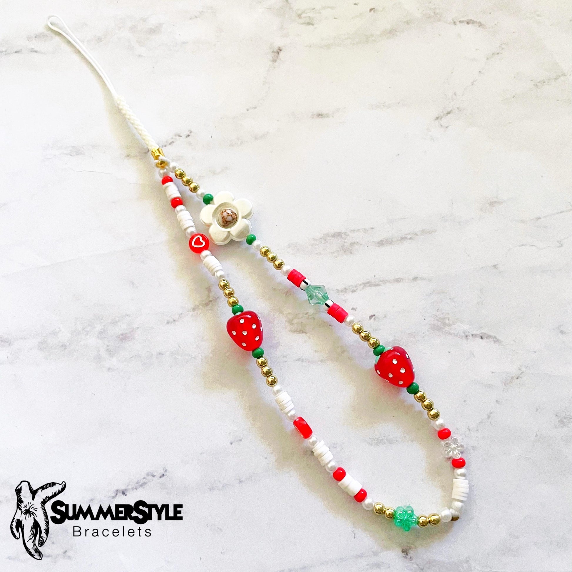 Strawberry Blossom Beaded Phone Charm, Strawberry Beaded Wristlet, Cottagecore Phone Accessory, SummerStyle Bracelets