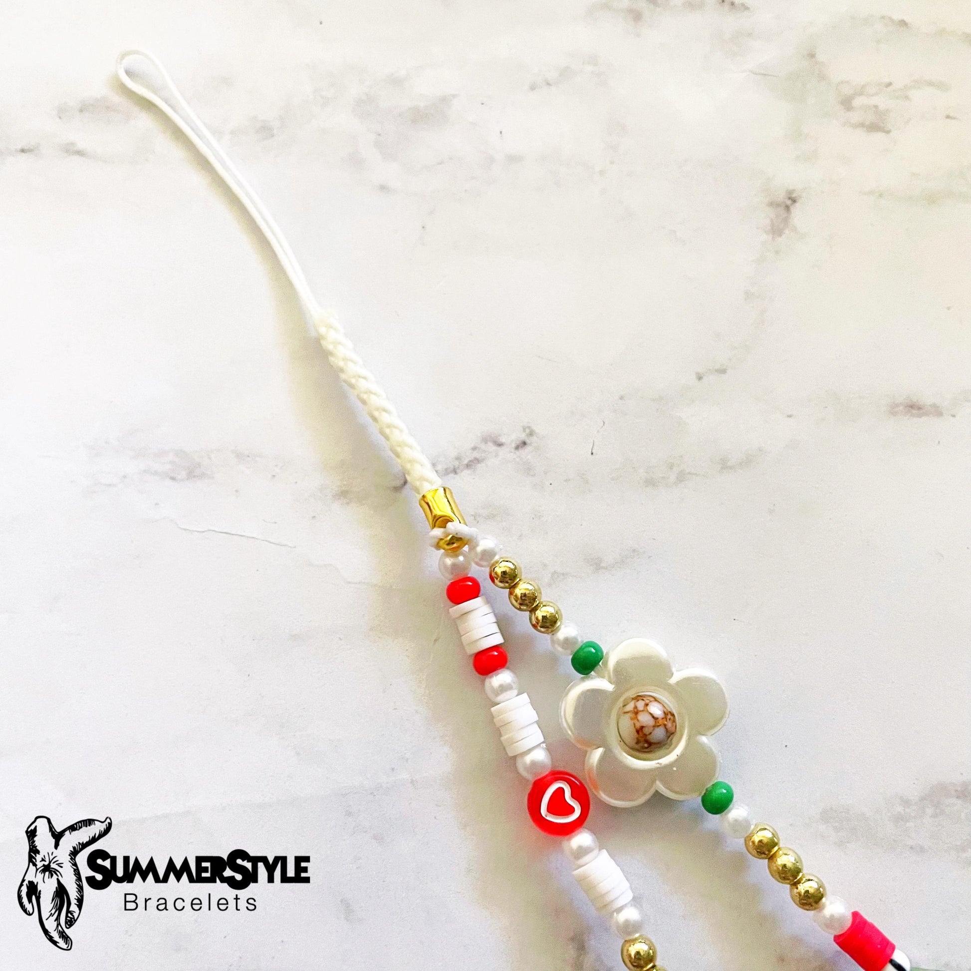 Strawberry Blossom Beaded Phone Charm, Strawberry Beaded Wristlet, Cottagecore Phone Accessory, SummerStyle Bracelets