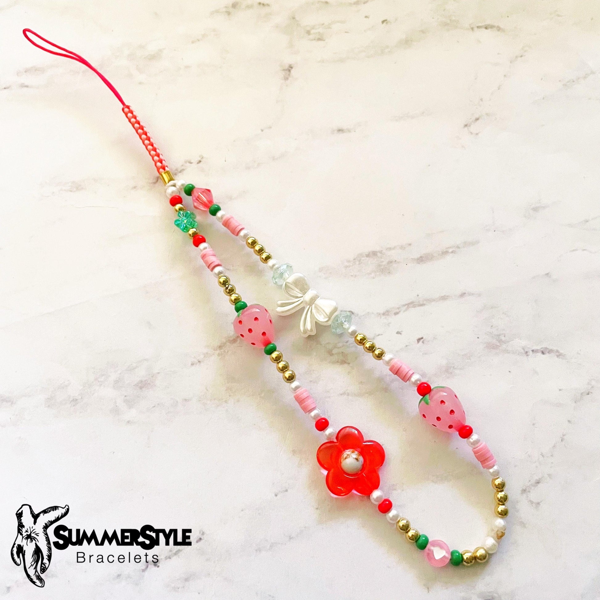 Strawberry & Bows Beaded Phone Charm, Strawberry Beaded Wristlet, Cottagecore Phone Accessory, SummerStyle Bracelets