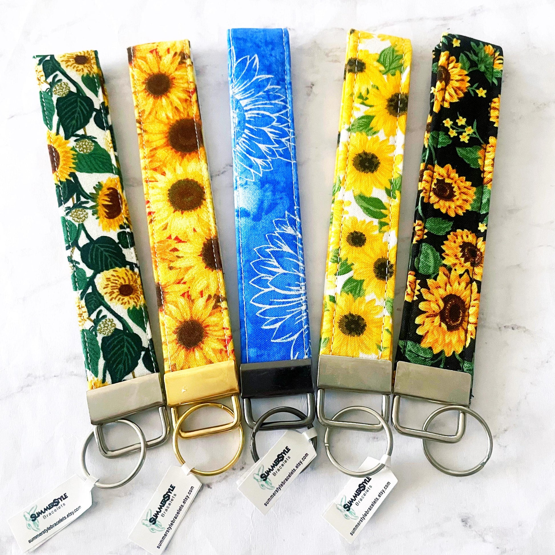 Golden Sunflower Key Fob Wristlet, 6.5in Wristlet Lanyard, Keychain Wristlet, Handmade Lanyard, SummerStyle Bracelets