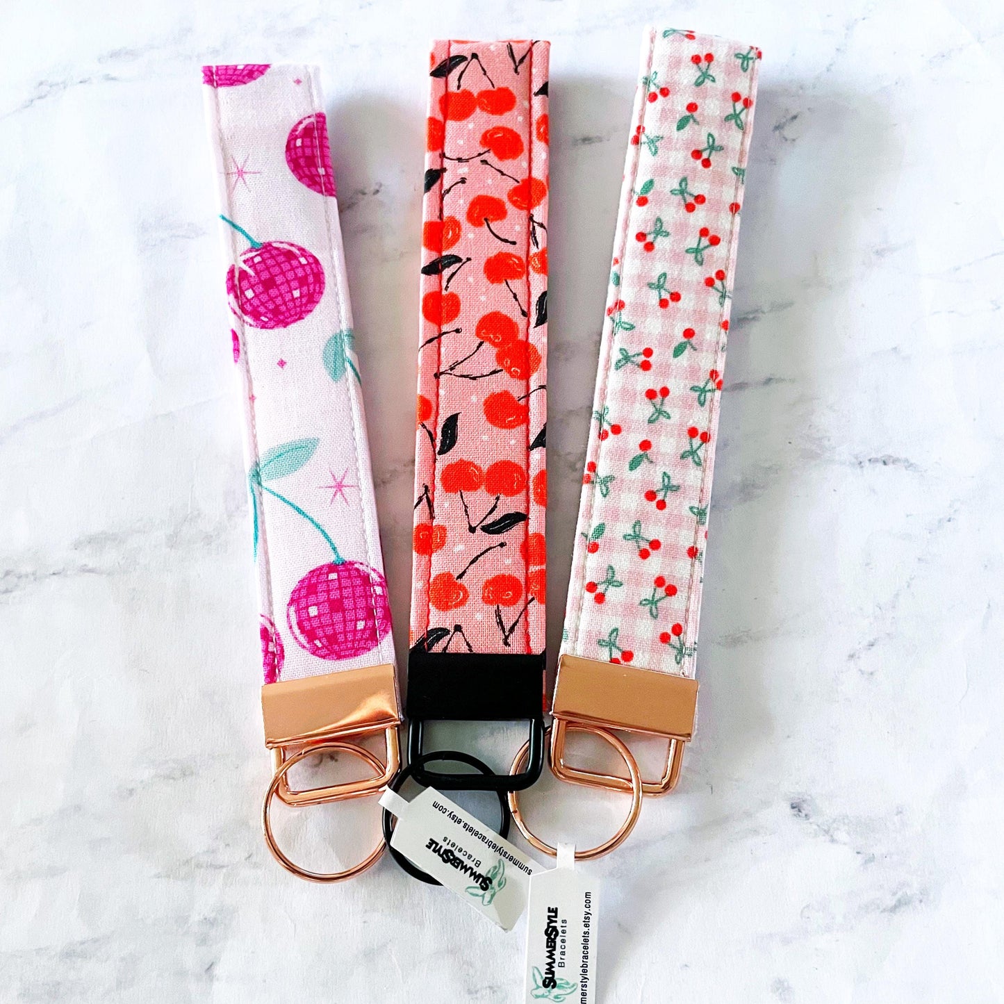 Charming Cherries Key Fob Wristlet, 6.5in Wristlet Lanyard, Keychain Wristlet, Handmade Lanyard, SummerStyle Bracelets