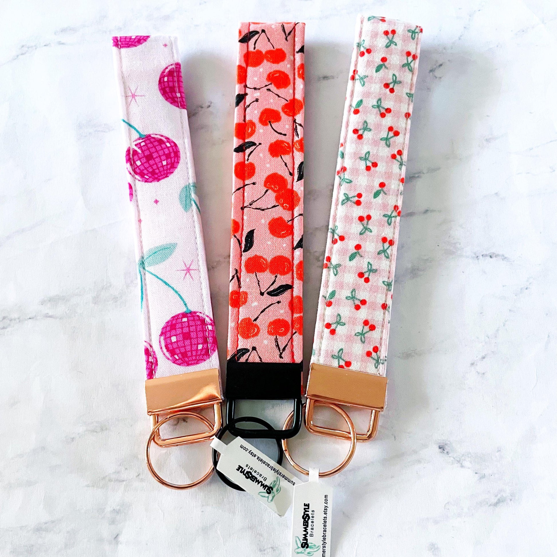 Charming Cherries Key Fob Wristlet, 6.5in Wristlet Lanyard, Keychain Wristlet, Handmade Lanyard, SummerStyle Bracelets