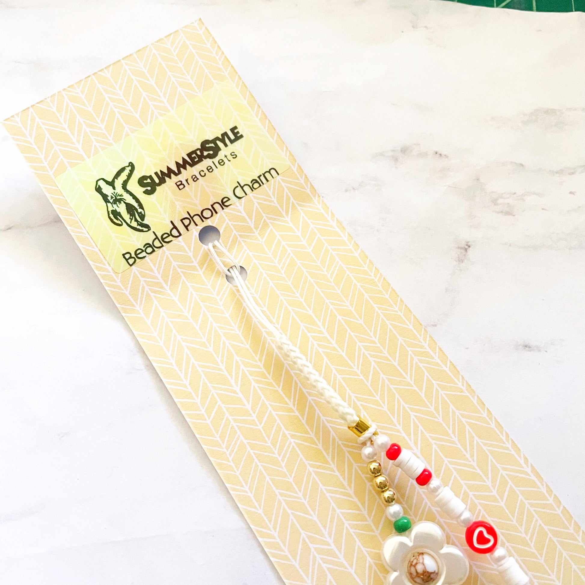 Strawberry Blossom Beaded Phone Charm, Strawberry Beaded Wristlet, Cottagecore Phone Accessory, SummerStyle Bracelets