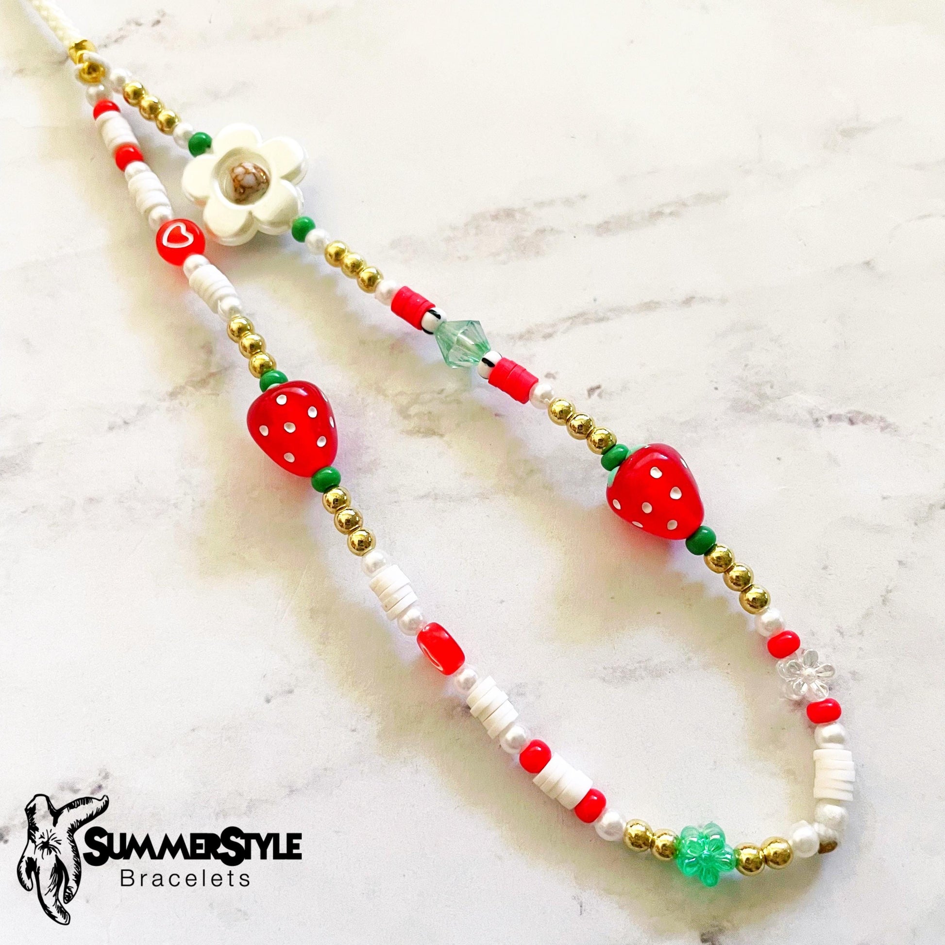 Strawberry Blossom Beaded Phone Charm, Strawberry Beaded Wristlet, Cottagecore Phone Accessory, SummerStyle Bracelets
