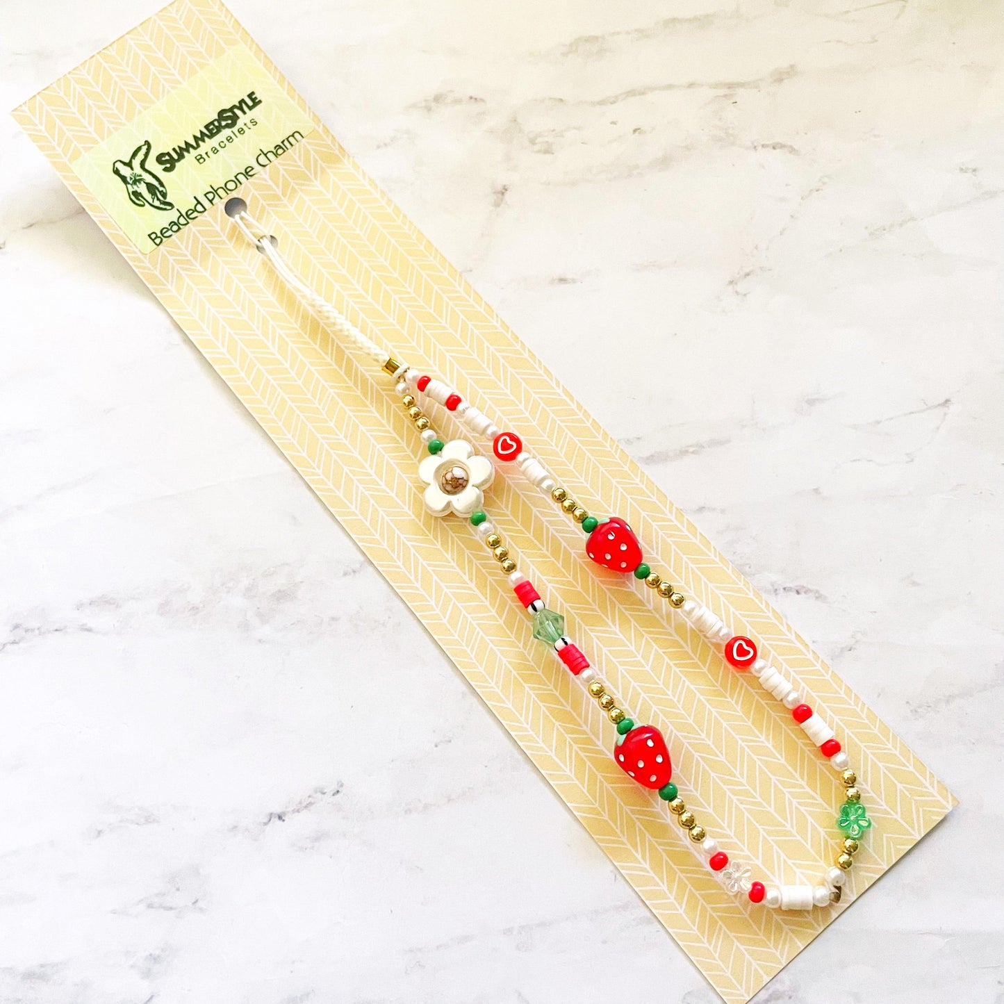 Strawberry Blossom Beaded Phone Charm, Strawberry Beaded Wristlet, Cottagecore Phone Accessory, SummerStyle Bracelets