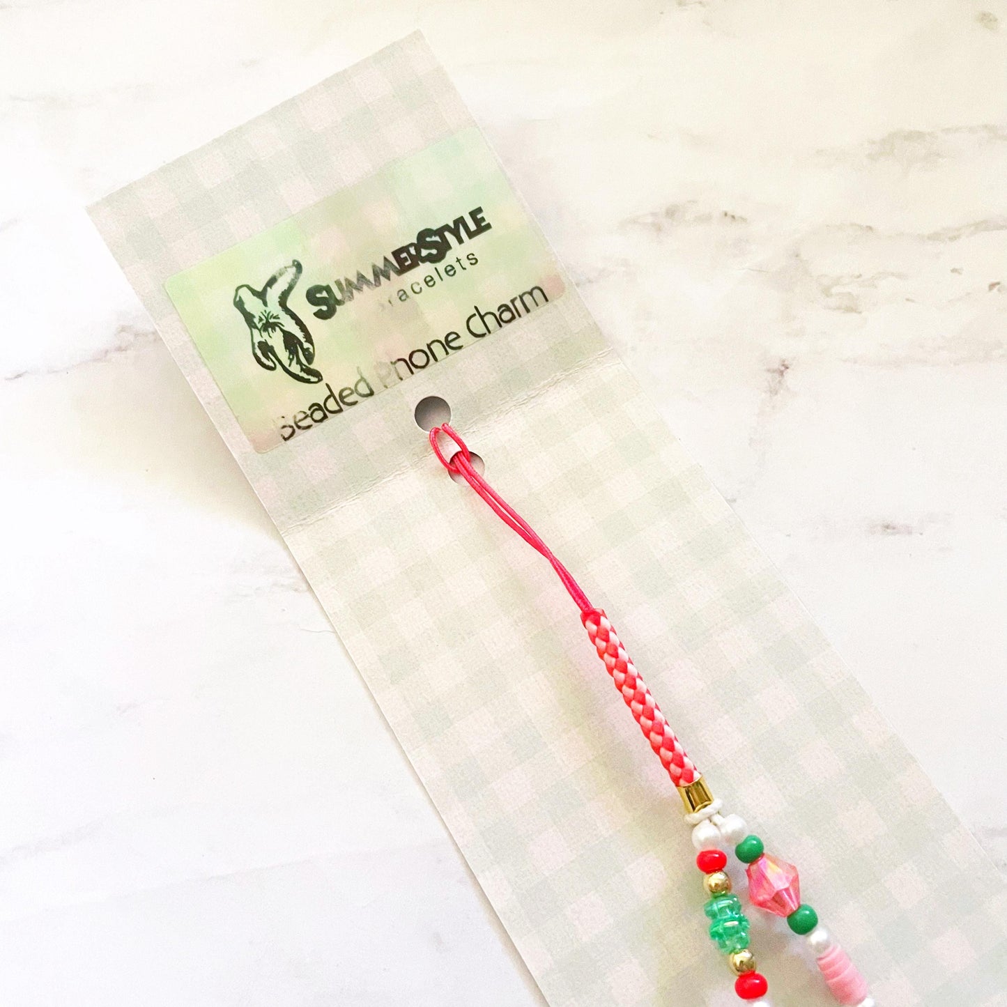Strawberry & Bows Beaded Phone Charm, Strawberry Beaded Wristlet, Cottagecore Phone Accessory, SummerStyle Bracelets