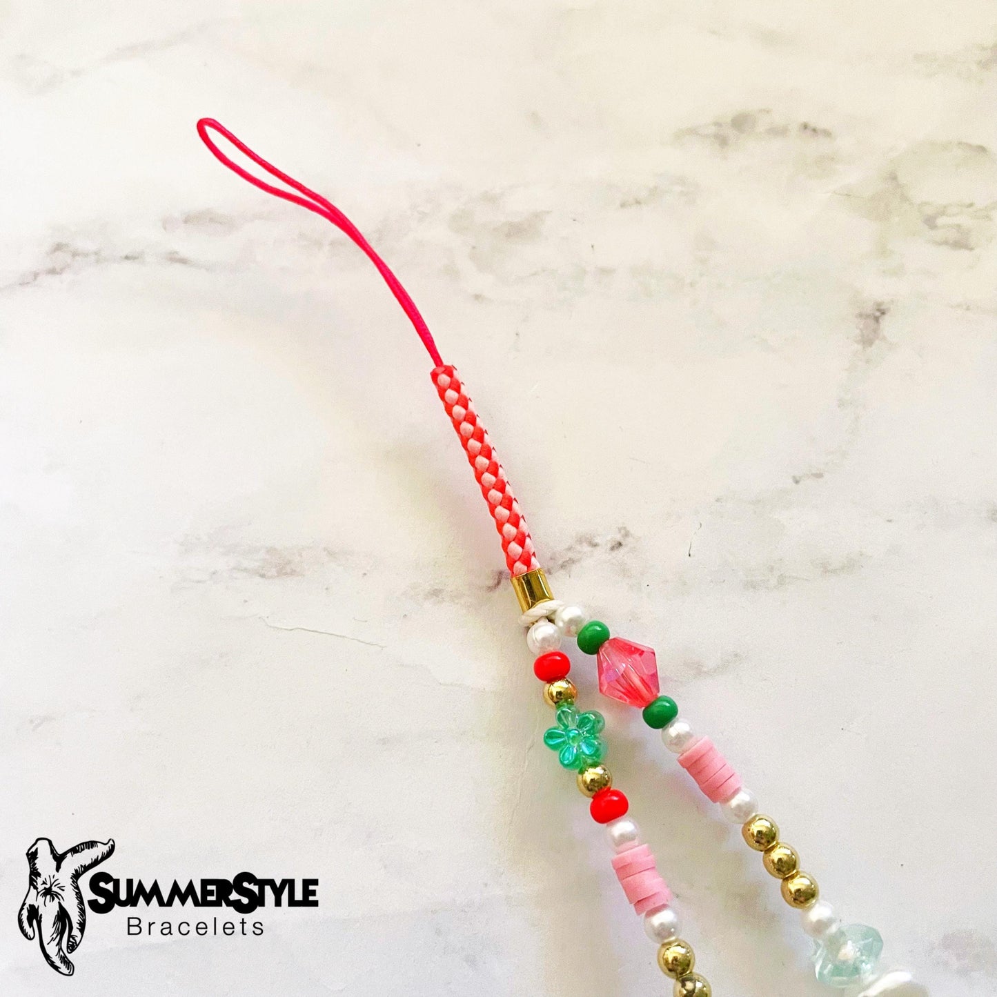 Strawberry & Bows Beaded Phone Charm, Strawberry Beaded Wristlet, Cottagecore Phone Accessory, SummerStyle Bracelets