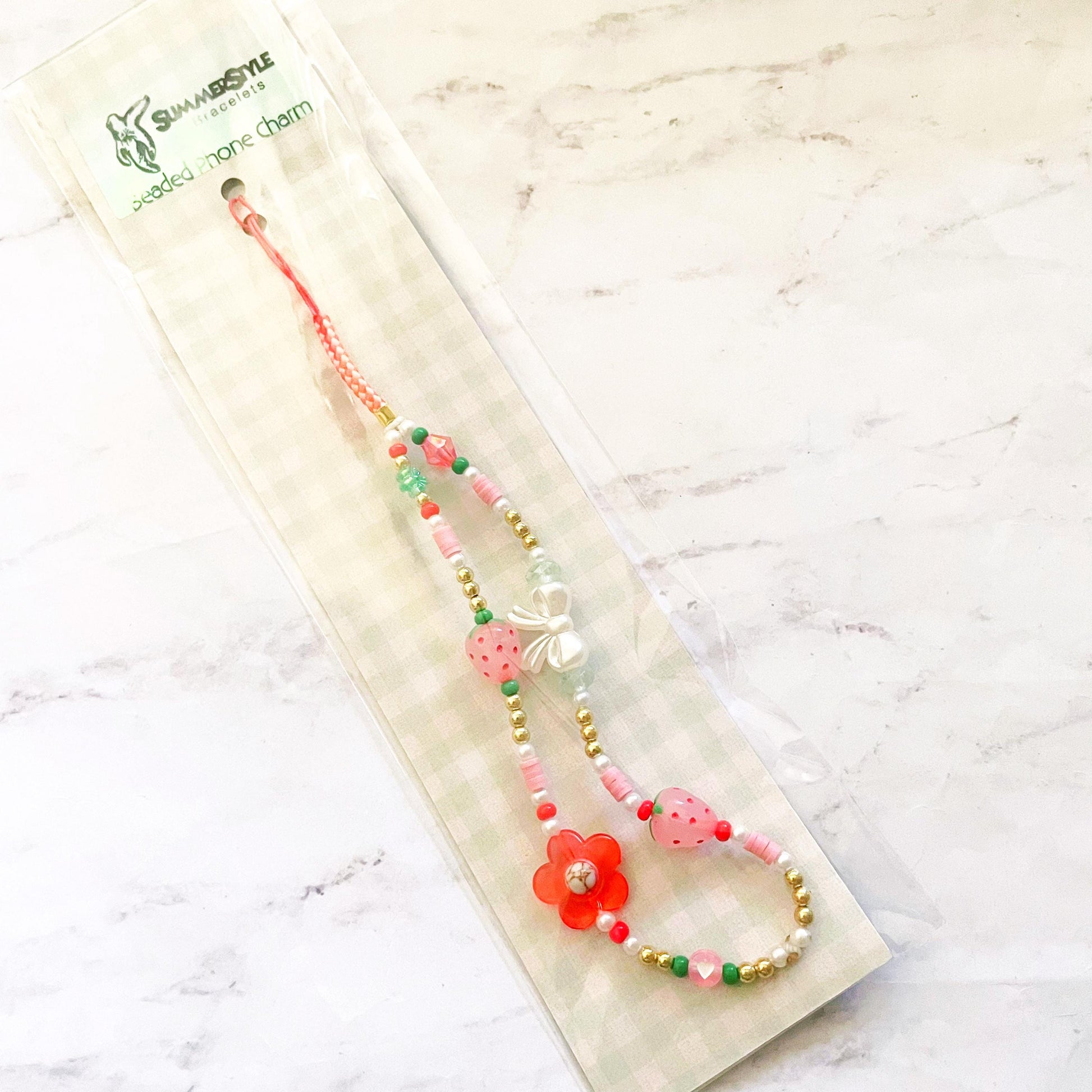 Strawberry & Bows Beaded Phone Charm, Strawberry Beaded Wristlet, Cottagecore Phone Accessory, SummerStyle Bracelets