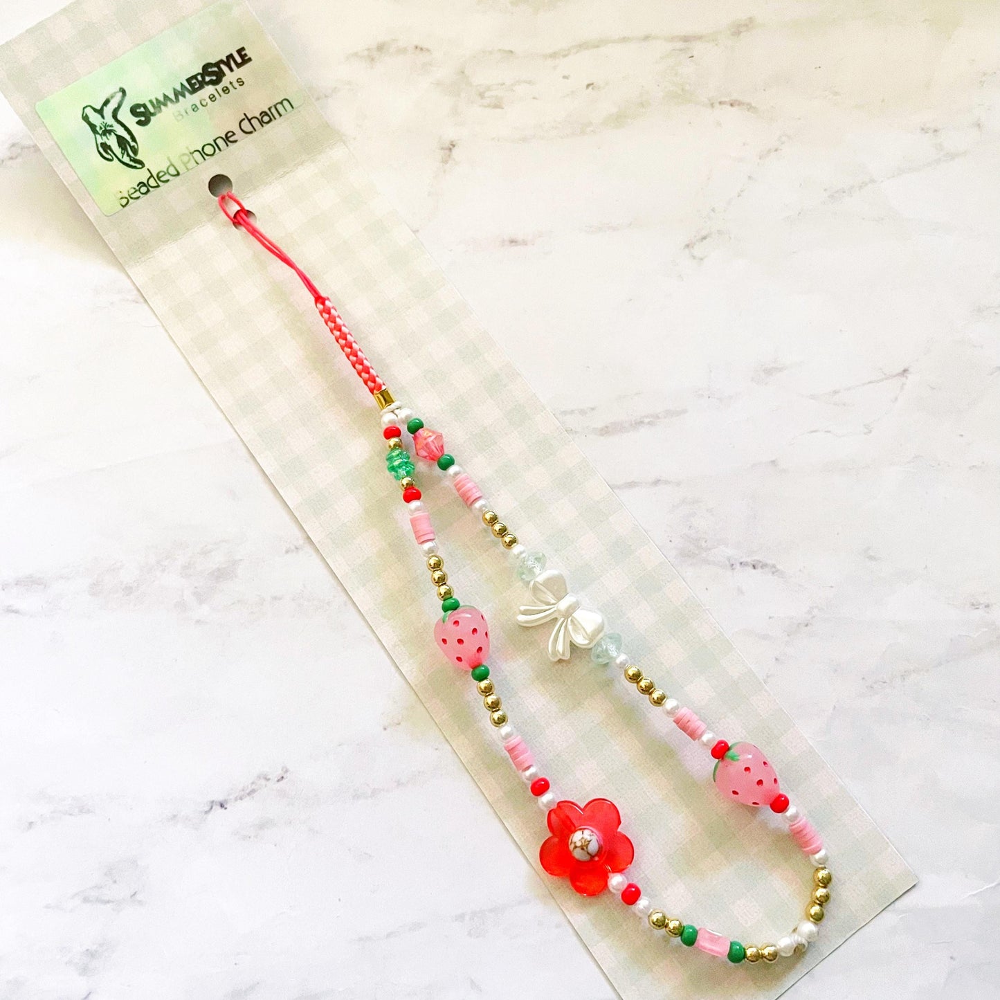 Strawberry & Bows Beaded Phone Charm, Strawberry Beaded Wristlet, Cottagecore Phone Accessory, SummerStyle Bracelets