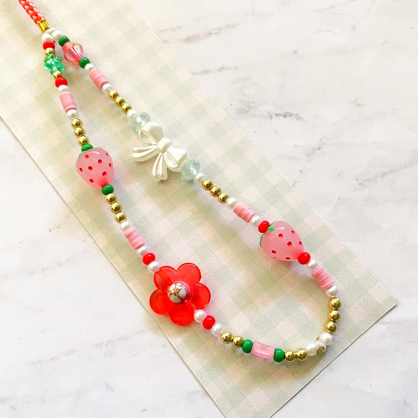 Strawberry & Bows Beaded Phone Charm, Strawberry Beaded Wristlet, Cottagecore Phone Accessory, SummerStyle Bracelets