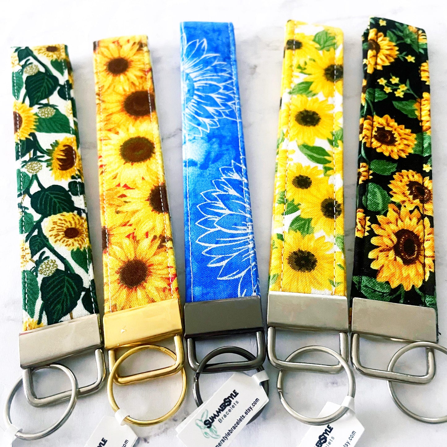 Golden Sunflower Key Fob Wristlet, 6.5in Wristlet Lanyard, Keychain Wristlet, Handmade Lanyard, SummerStyle Bracelets