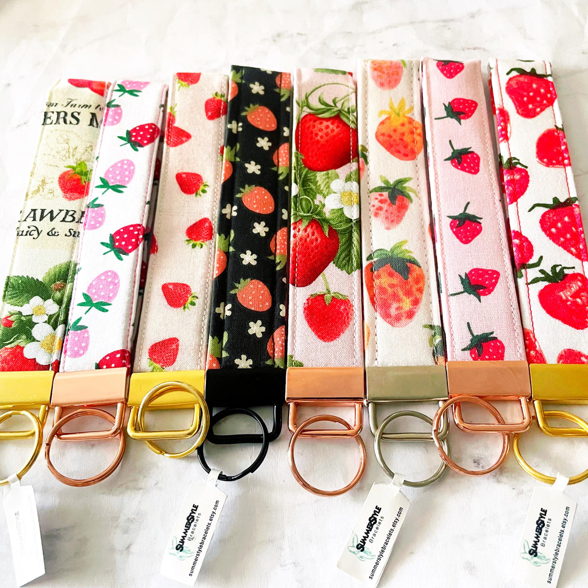 Painted Strawberry Key Fob Wristlet, 6.5in Wristlet Lanyard, Keychain Wristlet, Handmade Lanyard, SummerStyle Bracelets