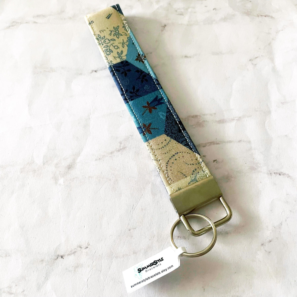 Vintage Blue Tile Key Fob Wristlet, 6.5in Wristlet Lanyard, Keychain Wristlet, Handmade Lanyard, SummerStyle Bracelets
