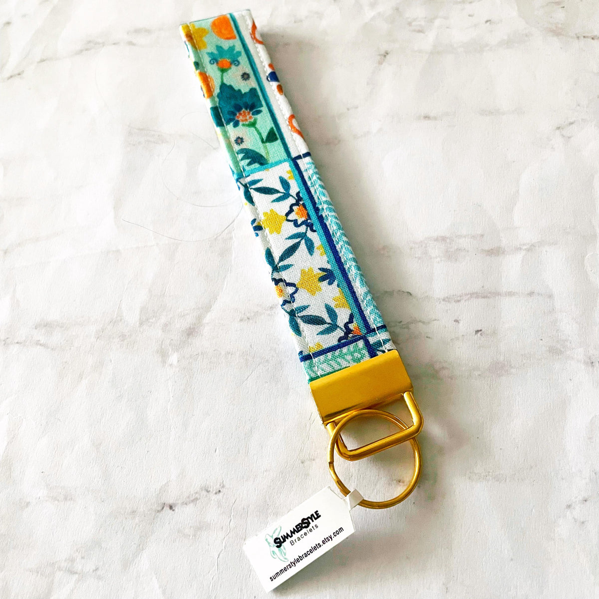 Vintage Blue Tile Key Fob Wristlet, 6.5in Wristlet Lanyard, Keychain Wristlet, Handmade Lanyard, SummerStyle Bracelets