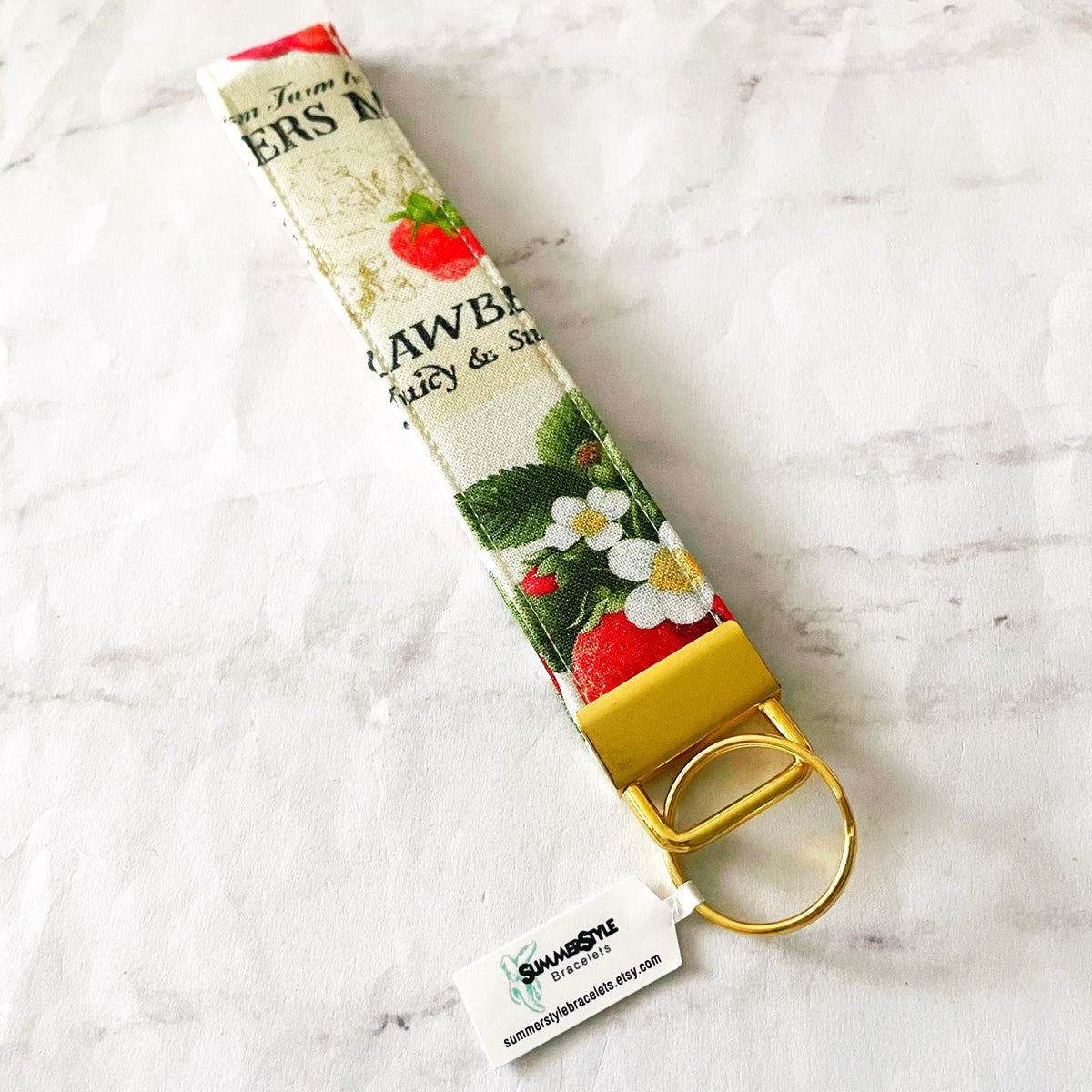 Painted Strawberry Key Fob Wristlet, 6.5in Wristlet Lanyard, Keychain Wristlet, Handmade Lanyard, SummerStyle Bracelets