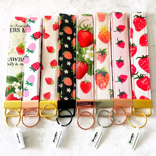 Painted Strawberry Key Fob Wristlet, 6.5in Wristlet Lanyard, Keychain Wristlet, Handmade Lanyard, SummerStyle Bracelets