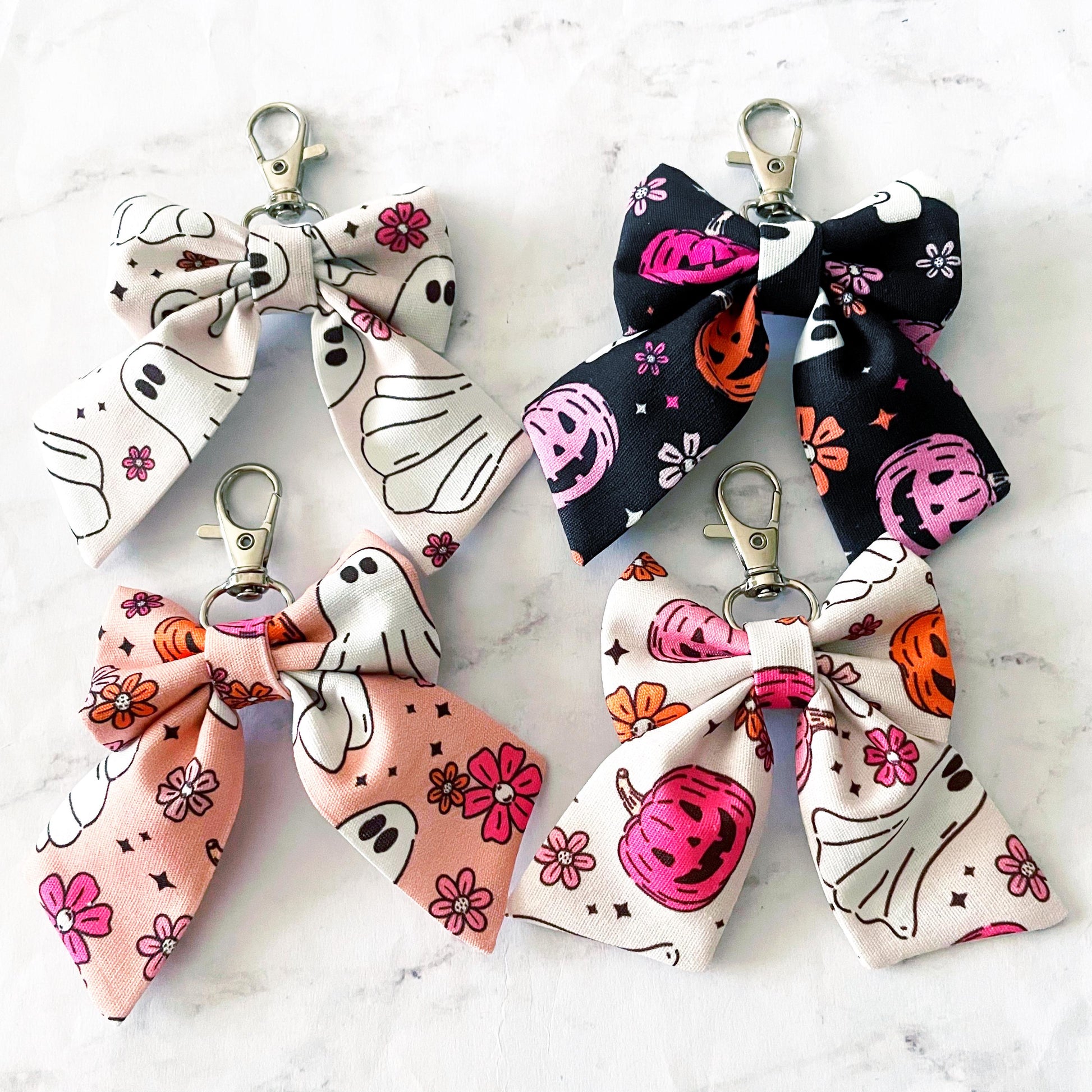 Ghost, Pumpkins, & Flowers Oh My Mini Bow Bag Charm, Bow Keychain, Girly Halloween, SummerStyle Bracelets