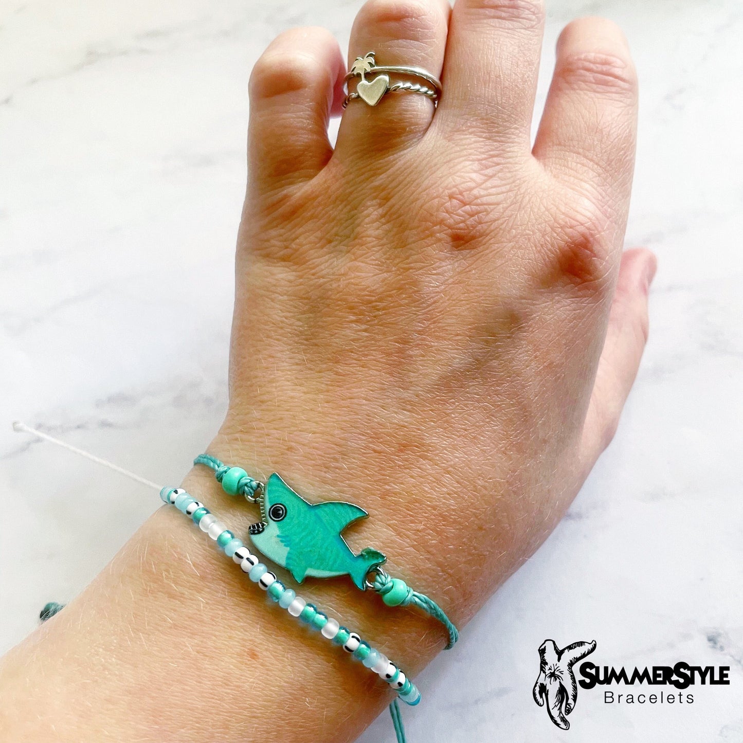 Teal Shark Adjustable Waterproof Bracelet Pack, Shark Gift, Shark Bracelet, Wax Cord Bracelet, SummerStyle Bracelets