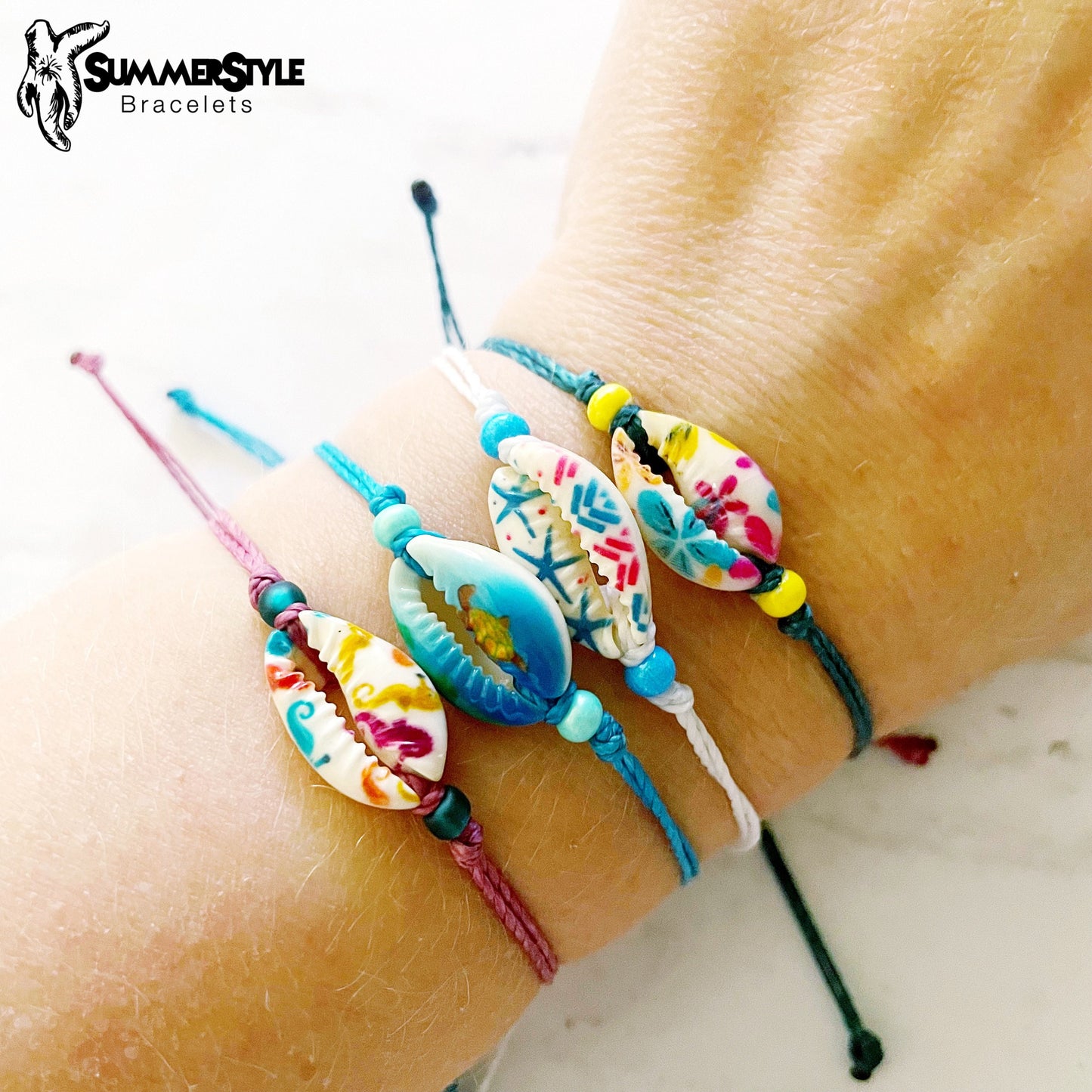 Painted Cowrie Shell Adjustable Waterproof Bracelet, Cowrie Shell Bracelet, Wax Cord Bracelet, Waterproof Cord