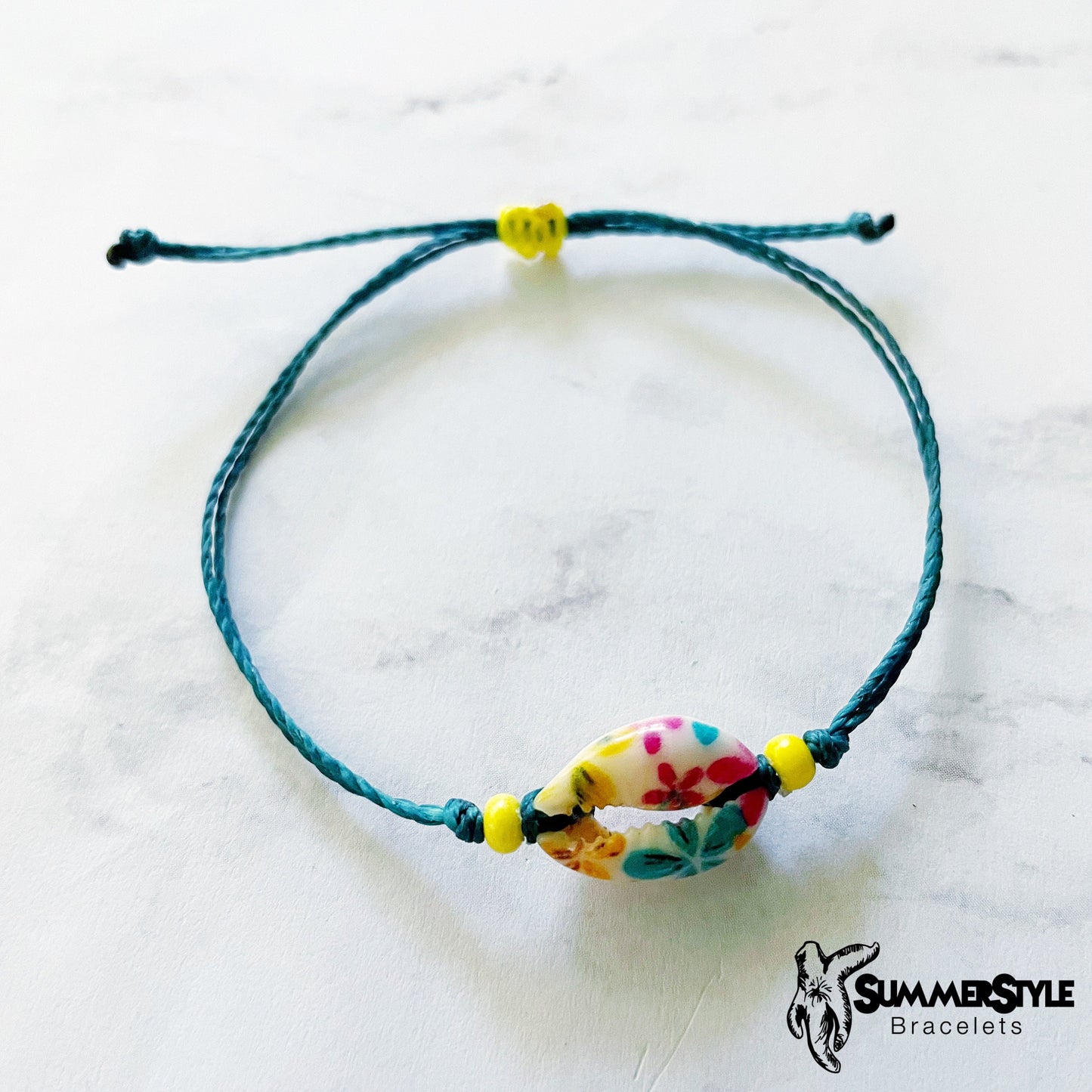 Painted Cowrie Shell Adjustable Waterproof Bracelet, Cowrie Shell Bracelet, Wax Cord Bracelet, Waterproof Cord