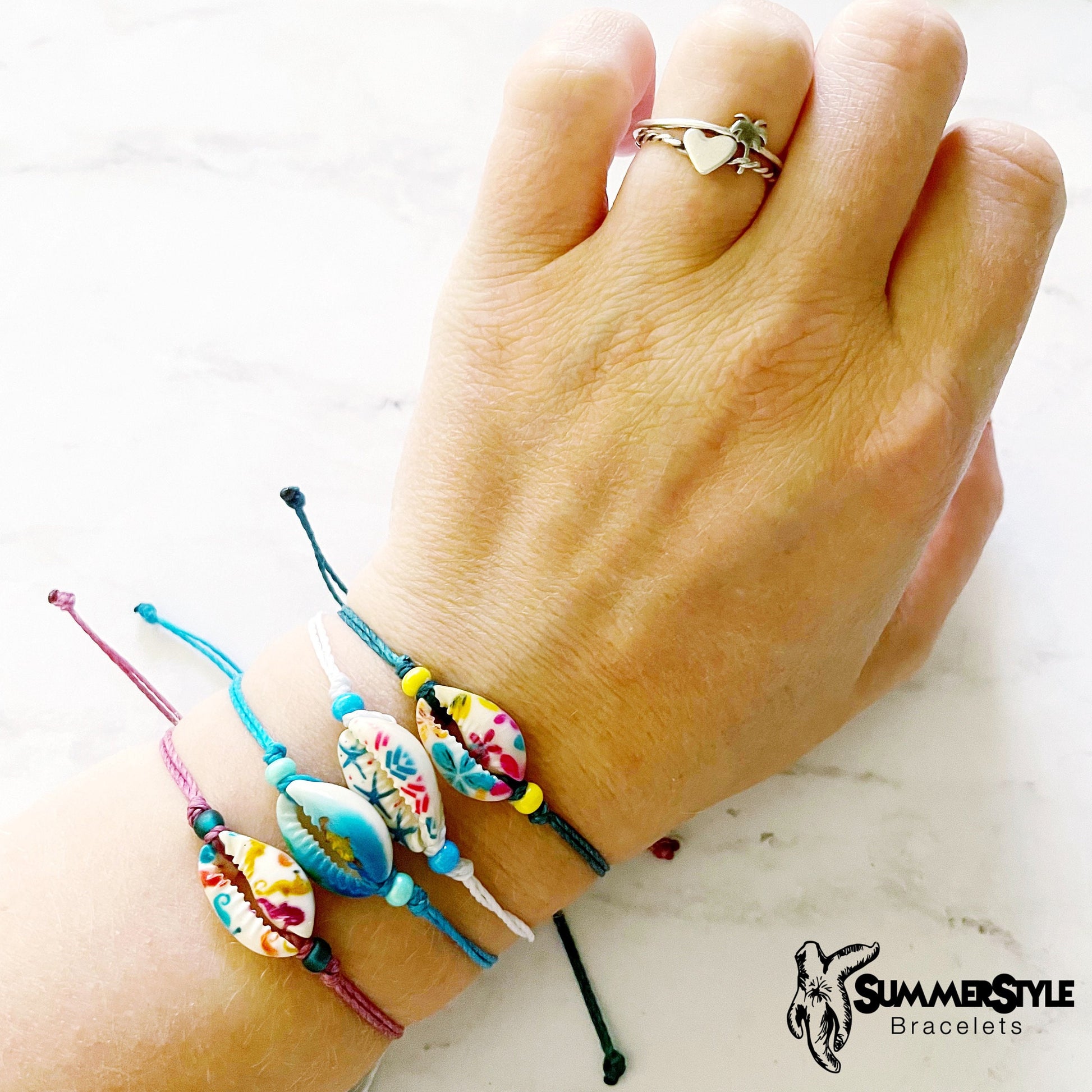 Painted Cowrie Shell Adjustable Waterproof Bracelet, Cowrie Shell Bracelet, Wax Cord Bracelet, Waterproof Cord