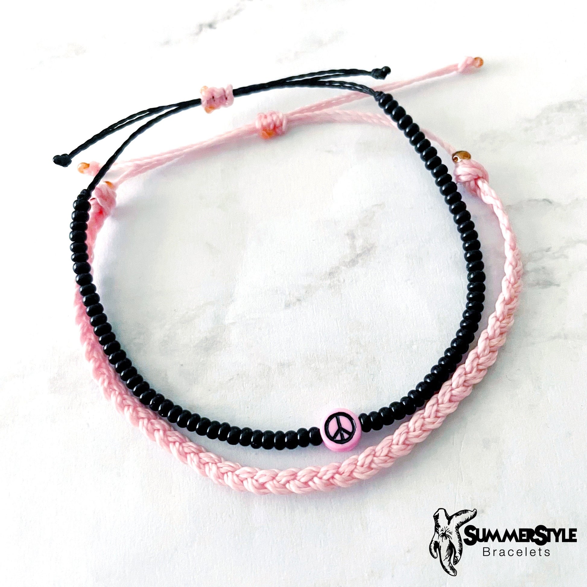 One of a Kind Baby Pink Peace Sign Bracelet Set, Hippie Jewelry, SummerStyle Bracelets